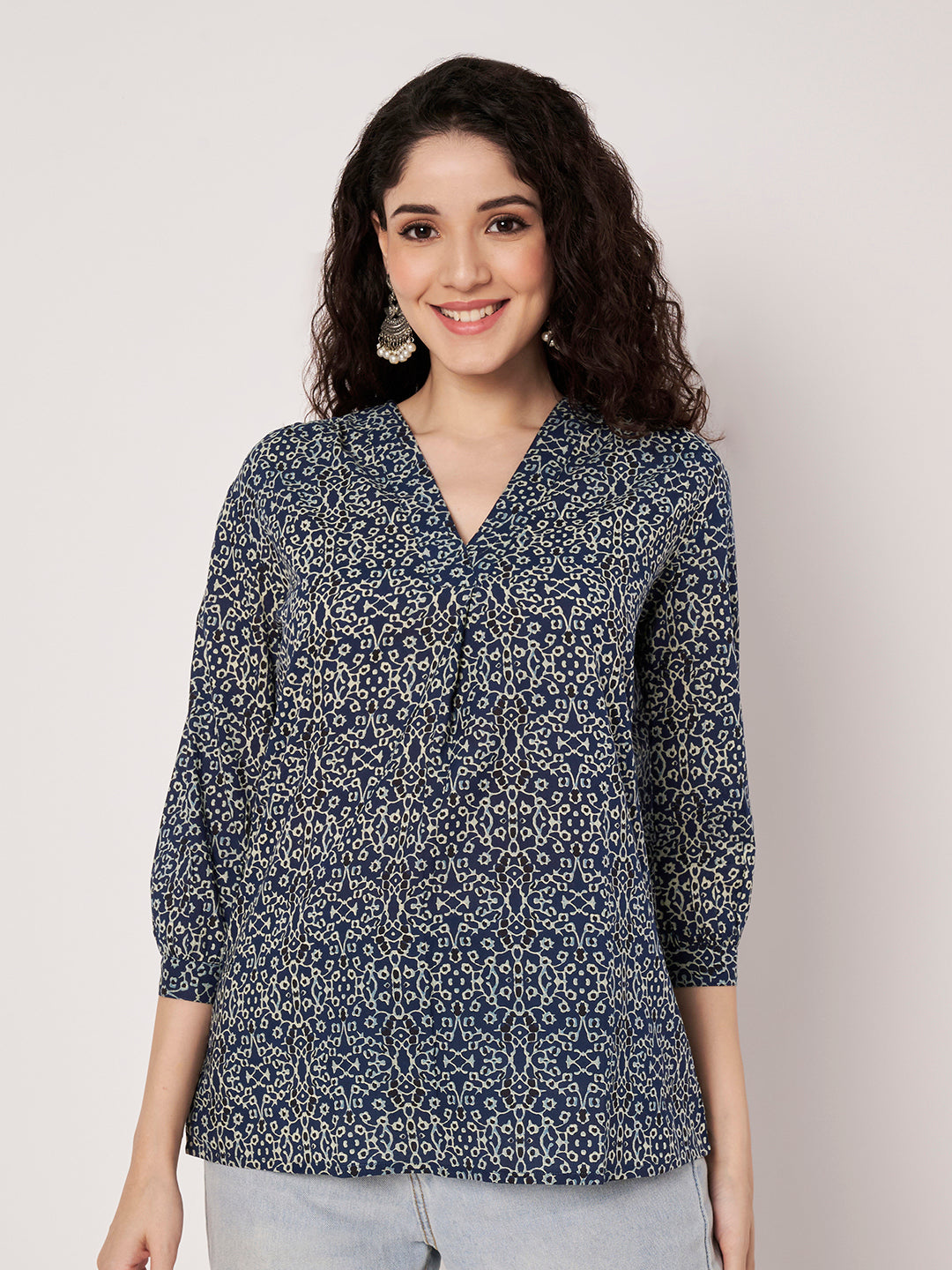 Blue Printed V-Neck Cotton Top