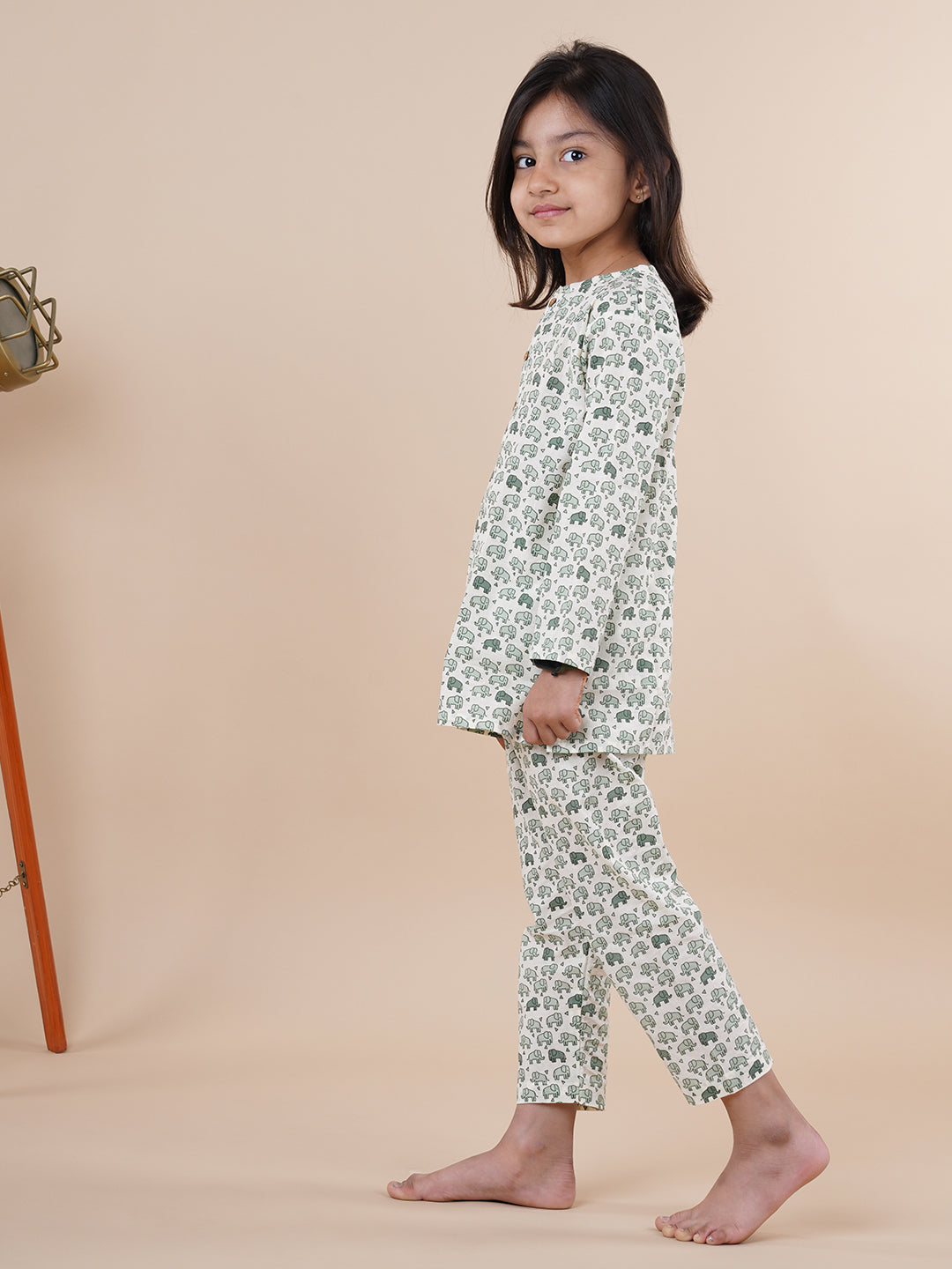 Green Elephant Print Kids Cotton Kurta Pyjama Set