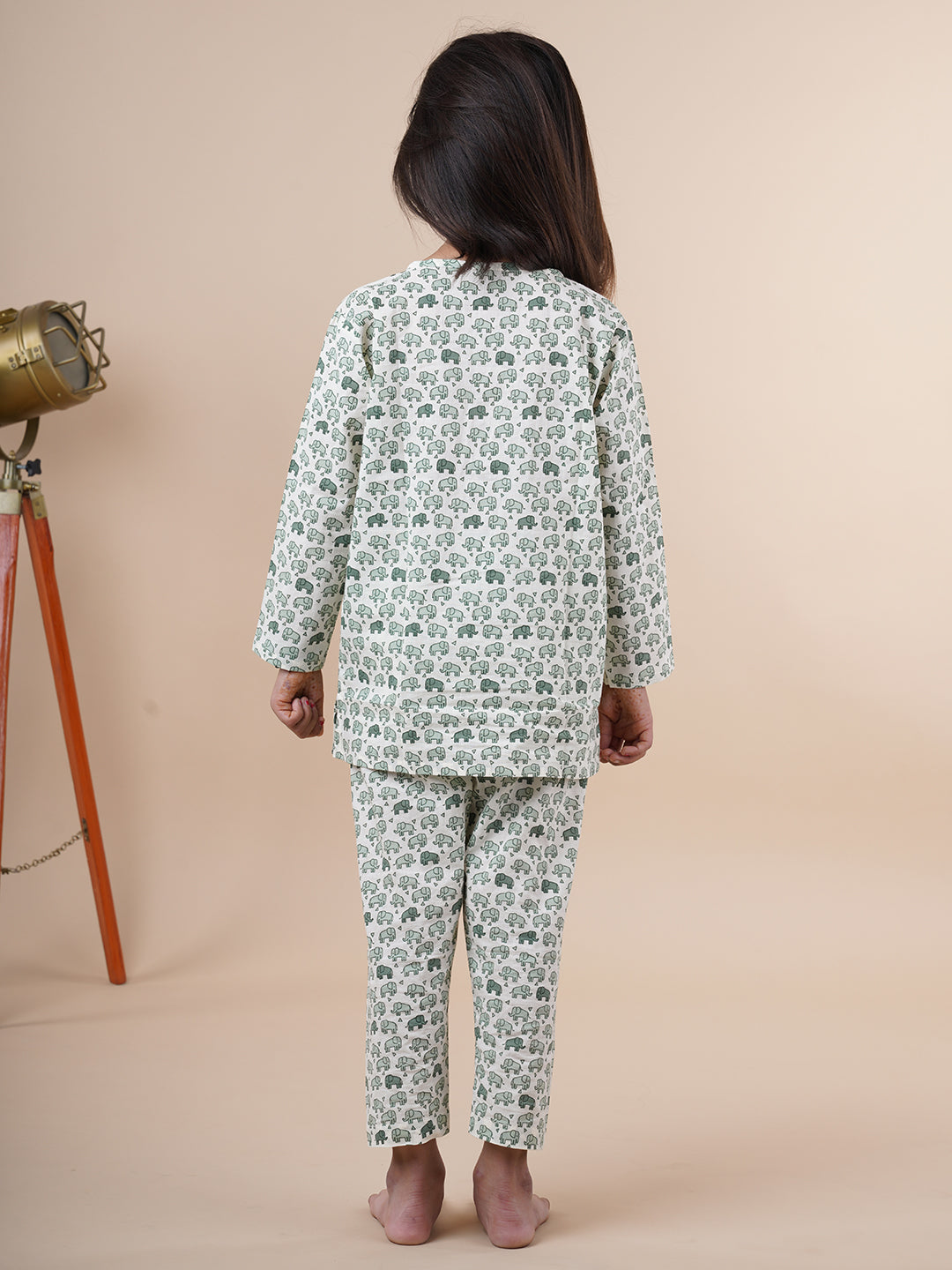 Green Elephant Print Kids Cotton Kurta Pyjama Set