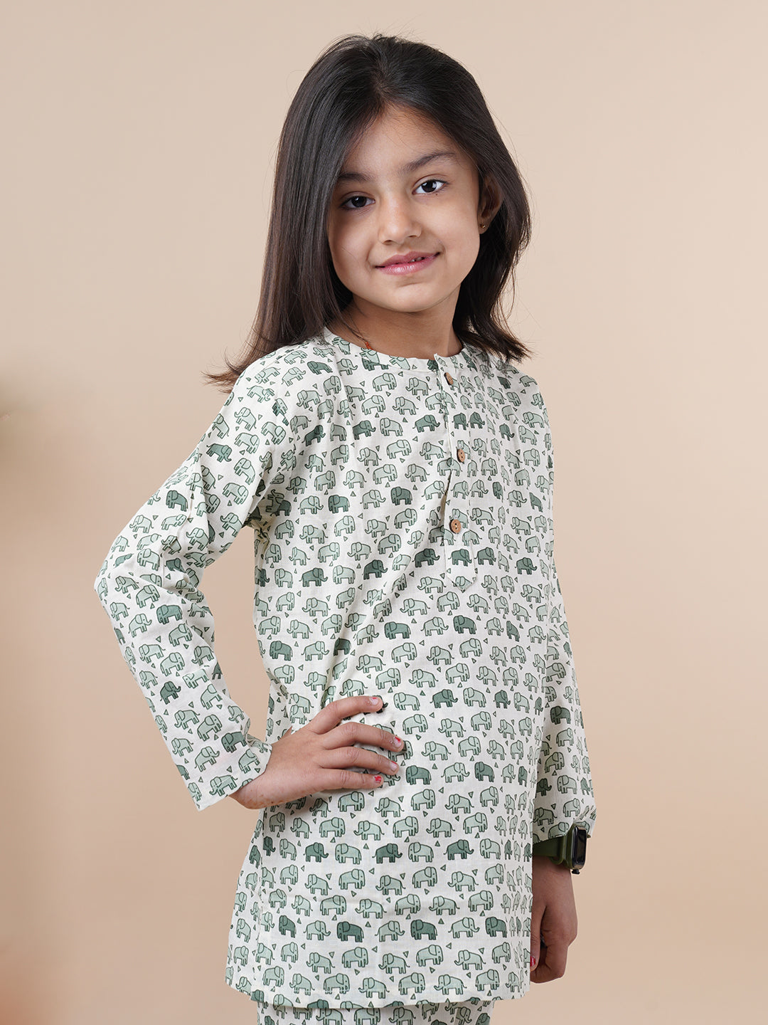 Green Elephant Print Kids Cotton Kurta Pyjama Set