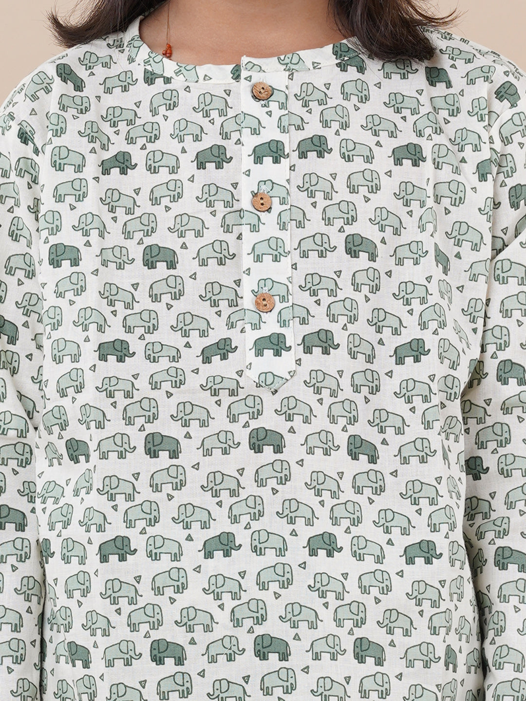 Green Elephant Print Kids Cotton Kurta Pyjama Set