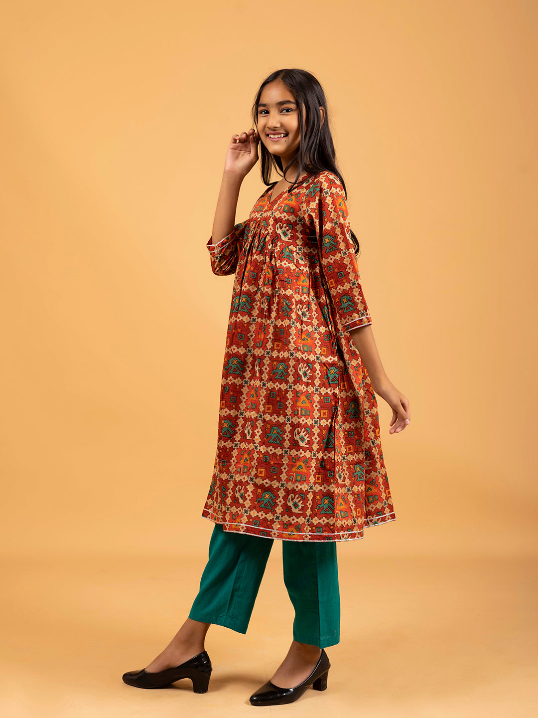 Kids Rust Printed Alia Cut Cotton Kurta Set