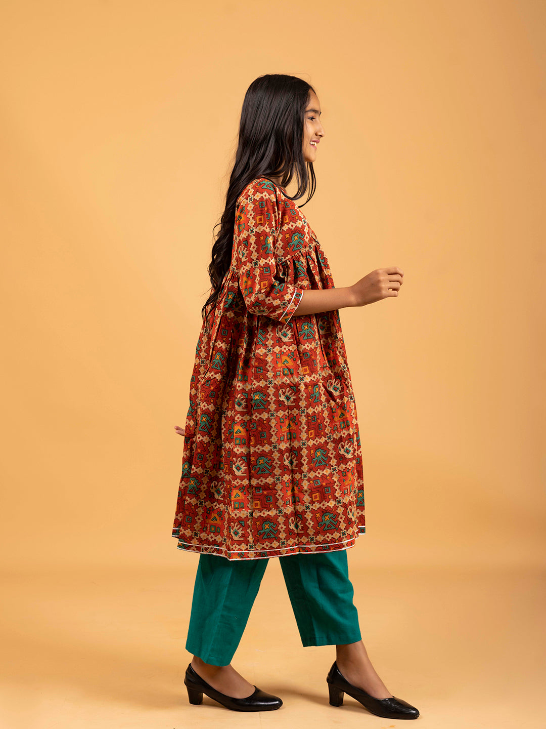 Kids Rust Printed Alia Cut Cotton Kurta Set