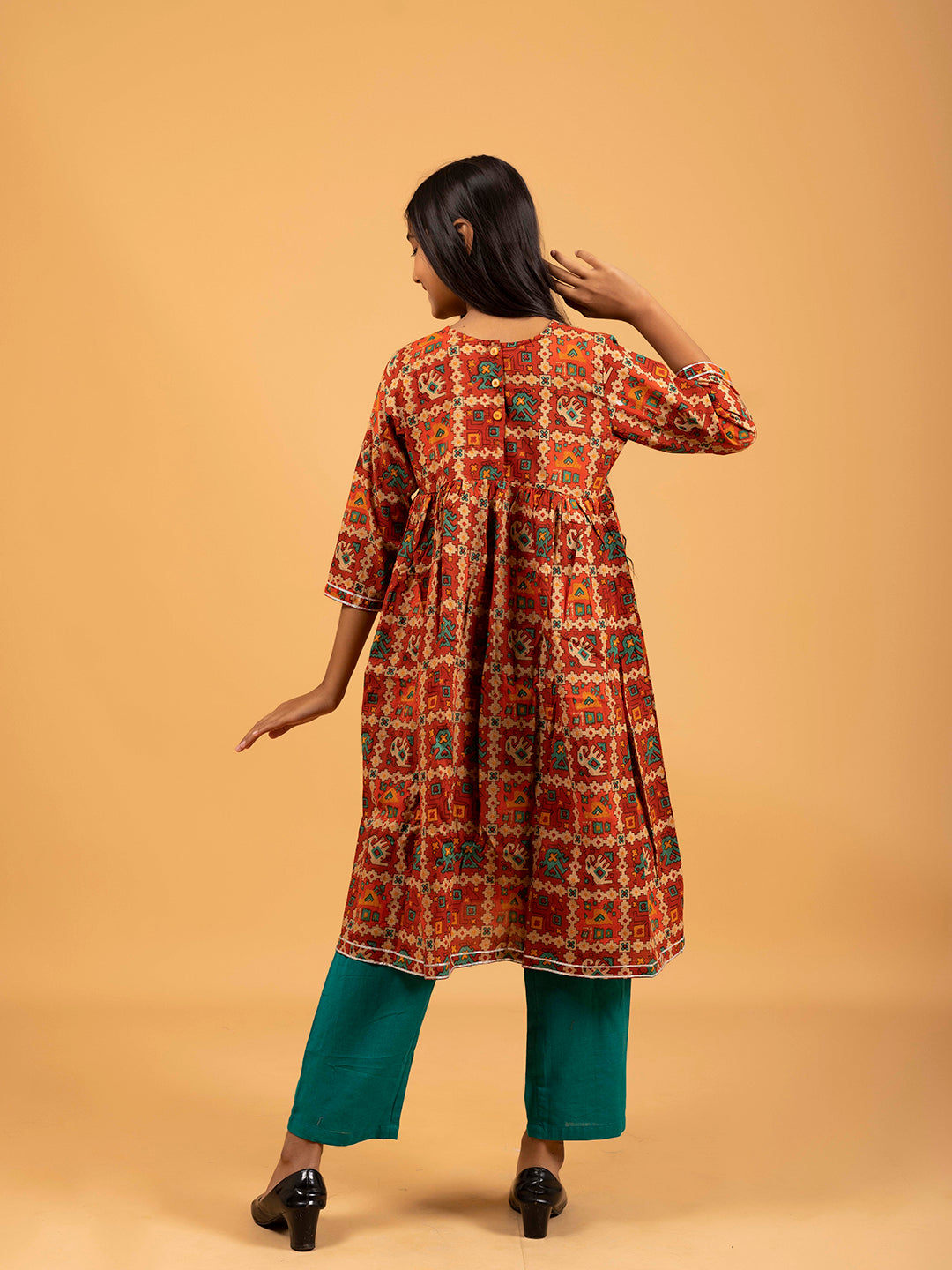 Kids Rust Printed Alia Cut Cotton Kurta Set