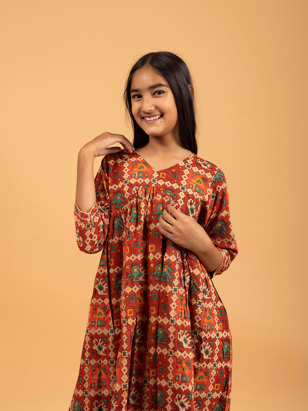 Kids Rust Printed Alia Cut Cotton Kurta Set
