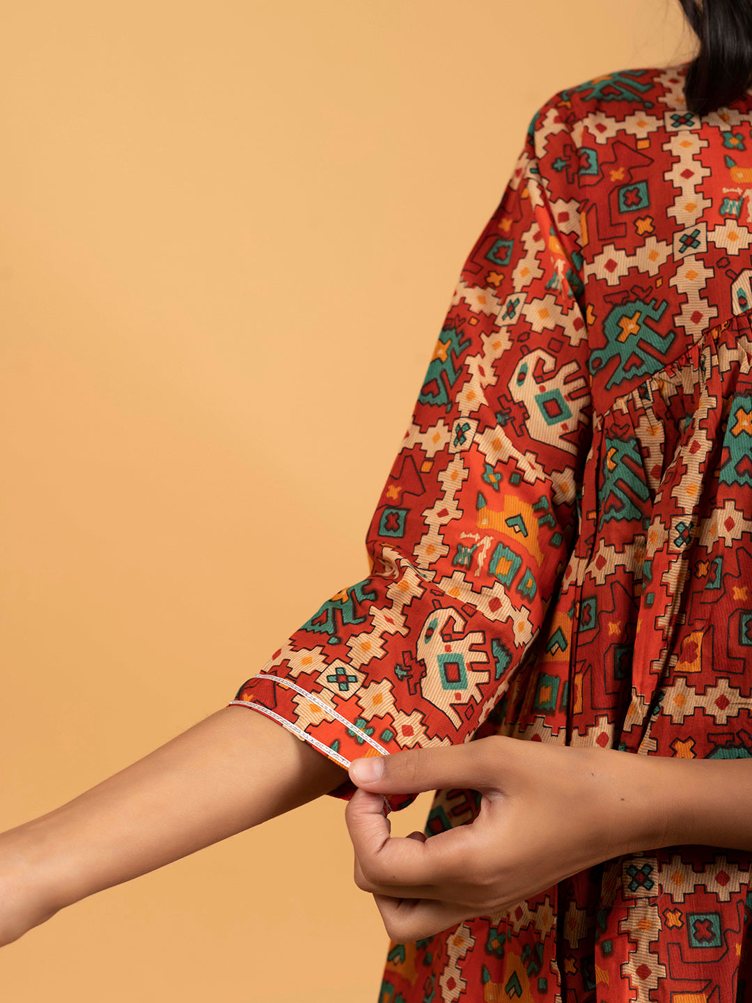 Kids Rust Printed Alia Cut Cotton Kurta Set