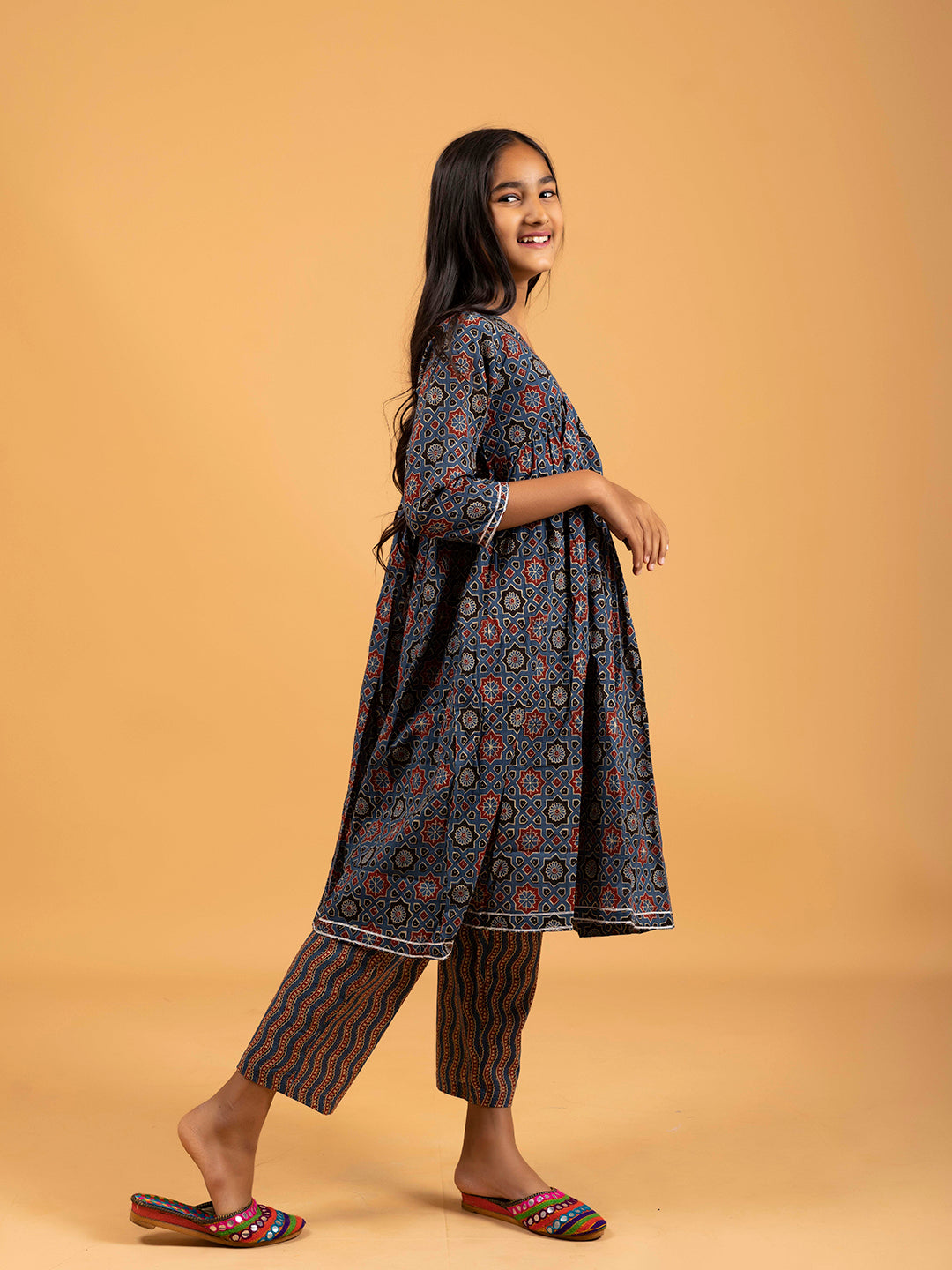 Kids Royal Blue Printed Alia Cut Cotton Kurta Set