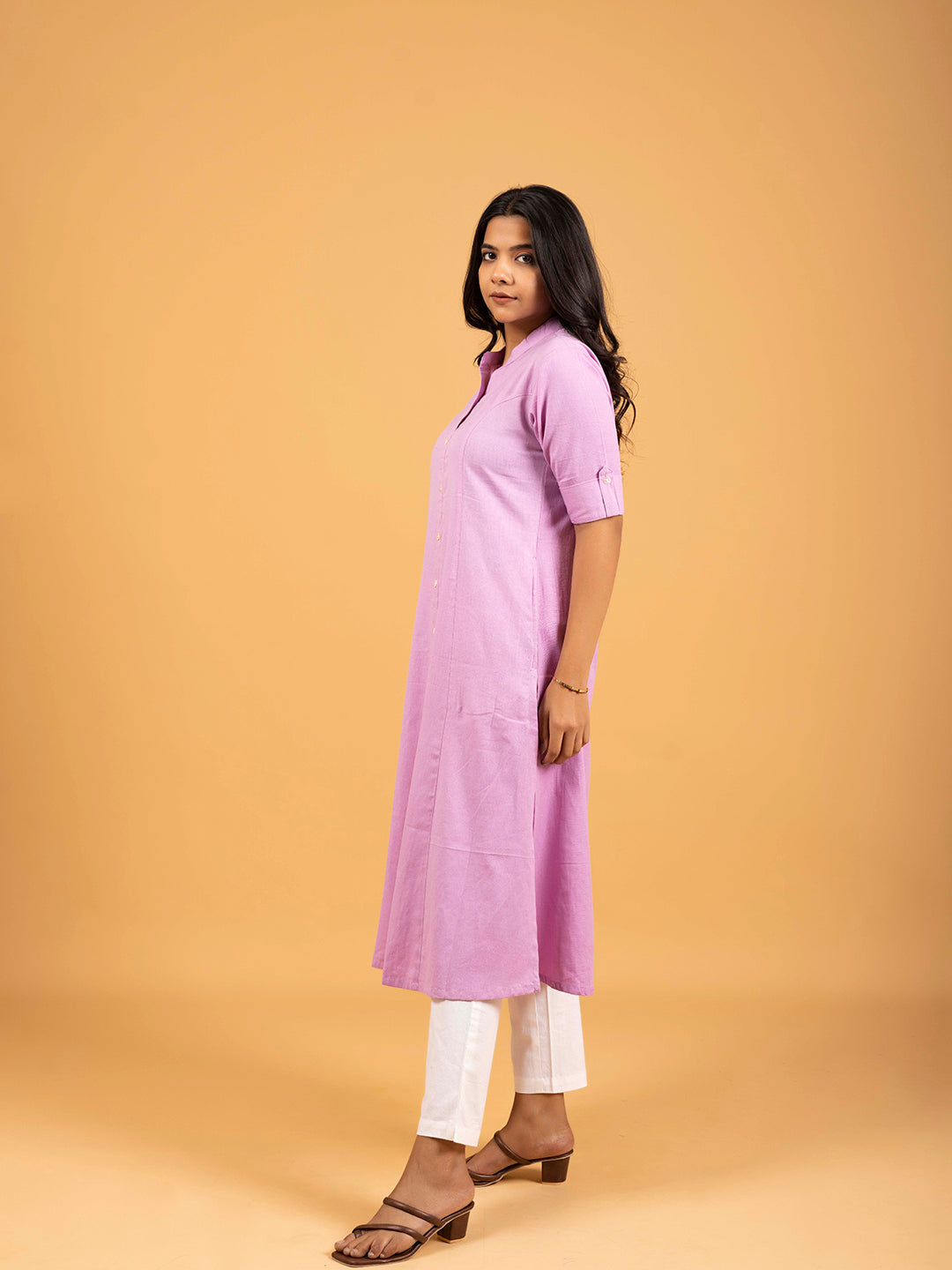Lavender A-Line Front Slit Plain Cotton Kurti