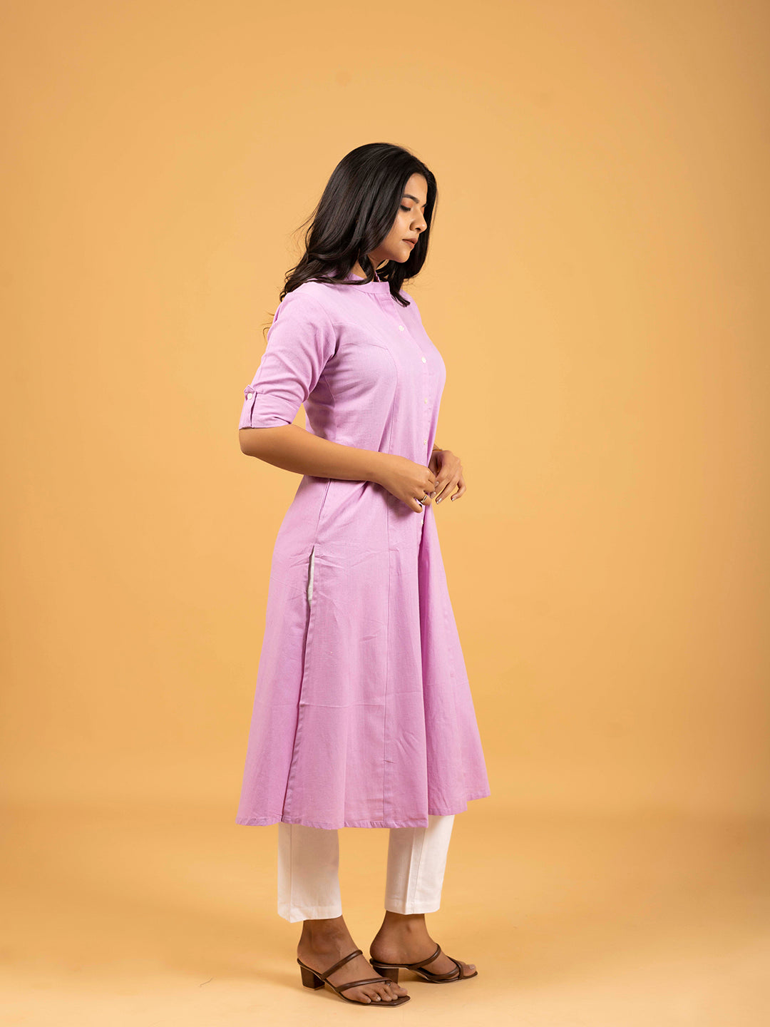 Lavender A-Line Front Slit Plain Cotton Kurti