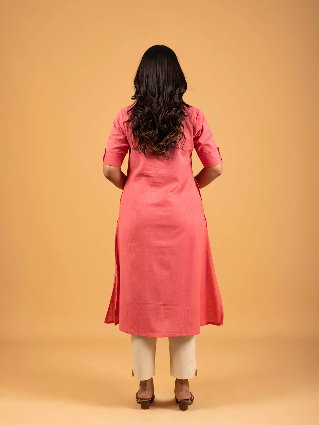 Reddish Pink A-Line Front Slit Plain Cotton Kurti