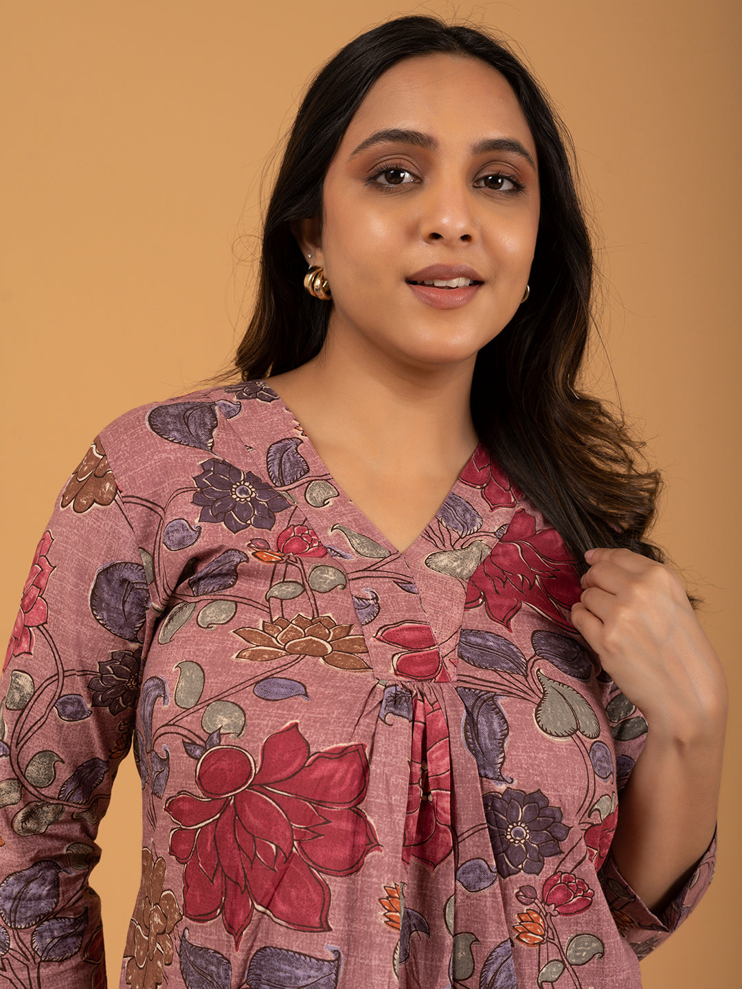 Mauve Printed A-Line Cotton Kurti