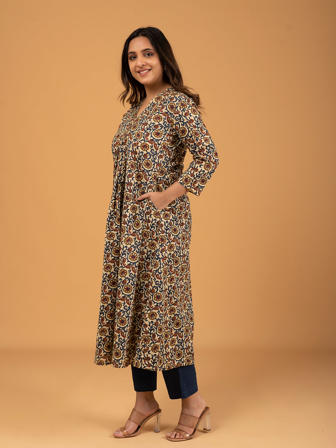 Off-White Printed A-Line Cotton Kurti