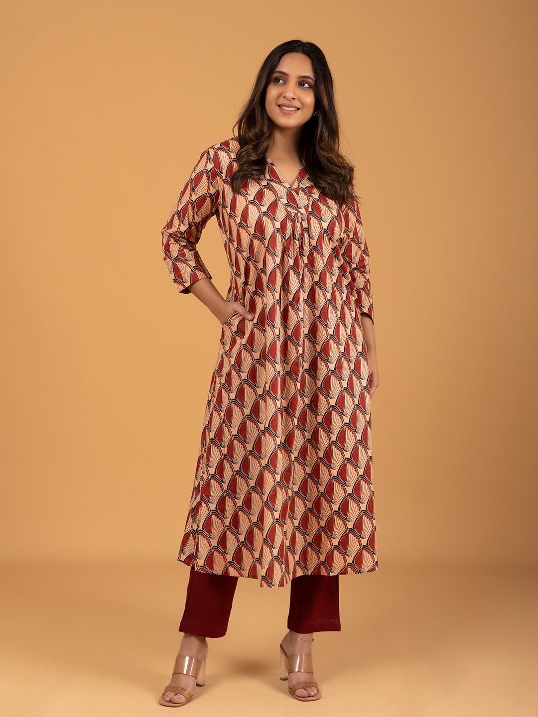 Red Printed A-Line Cotton Kurti