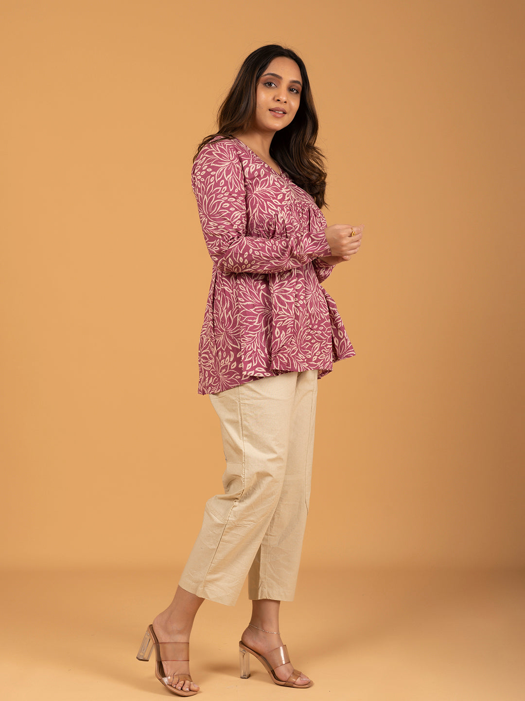 Pink Printed Full Sleeves Alia Cut Cotton Top