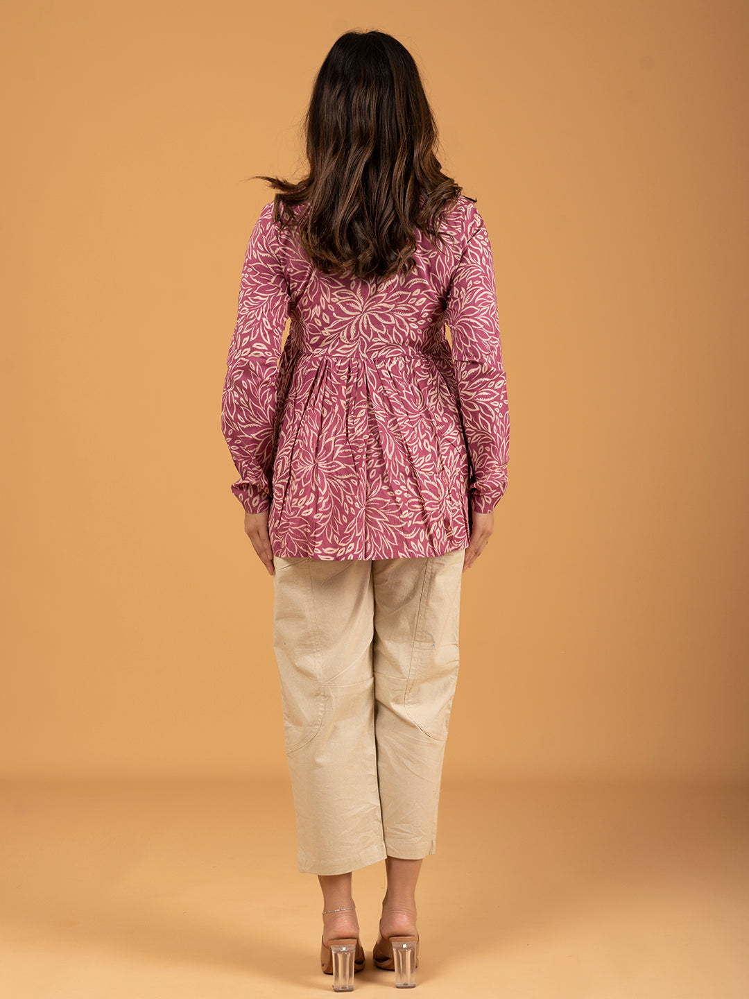 Pink Printed Full Sleeves Alia Cut Cotton Top