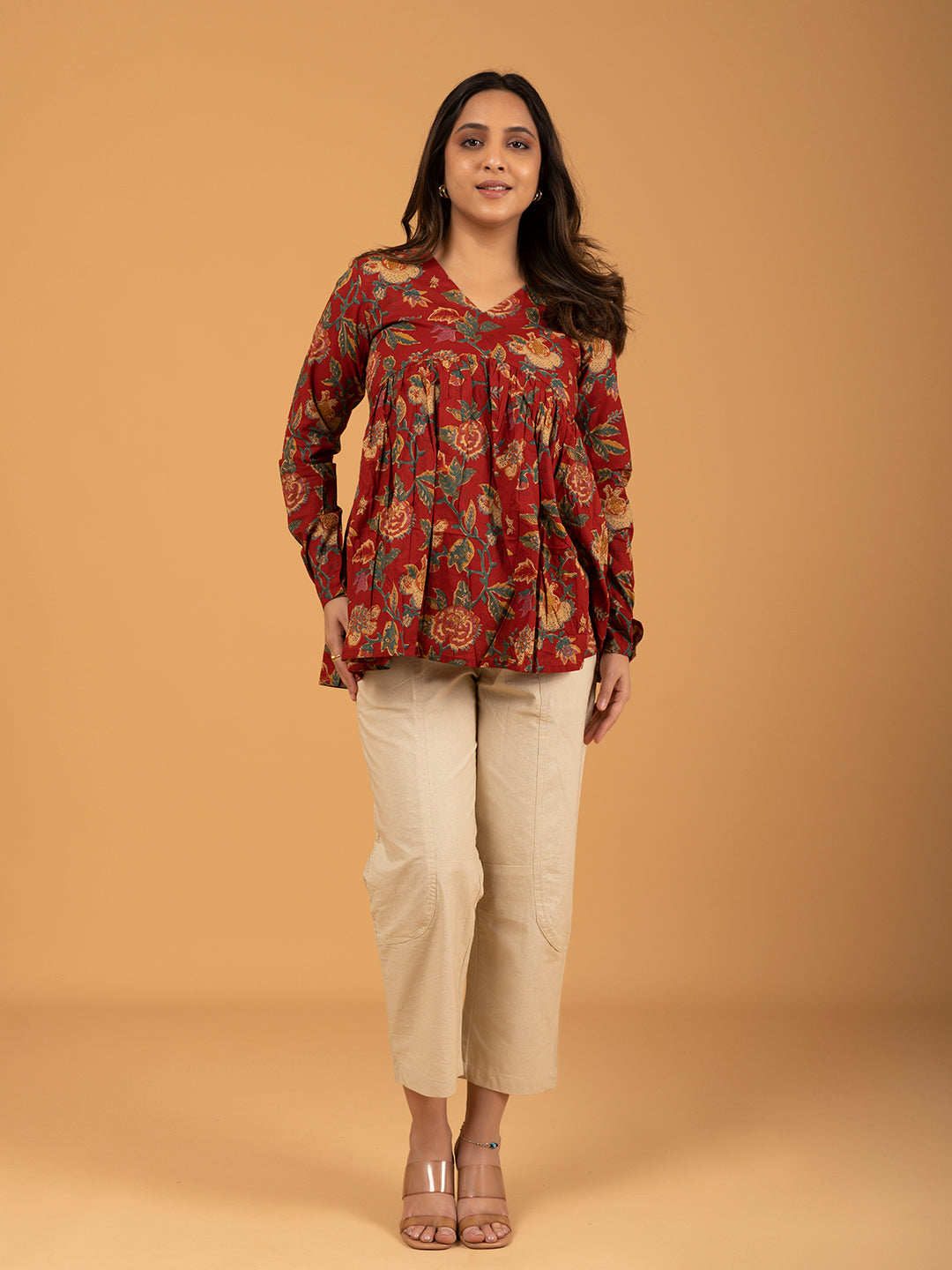 Red Printed Full Sleeves Alia Cut Cotton Top