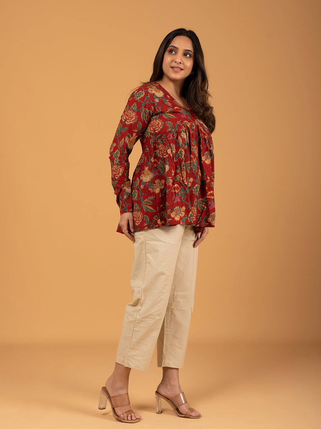 Red Printed Full Sleeves Alia Cut Cotton Top
