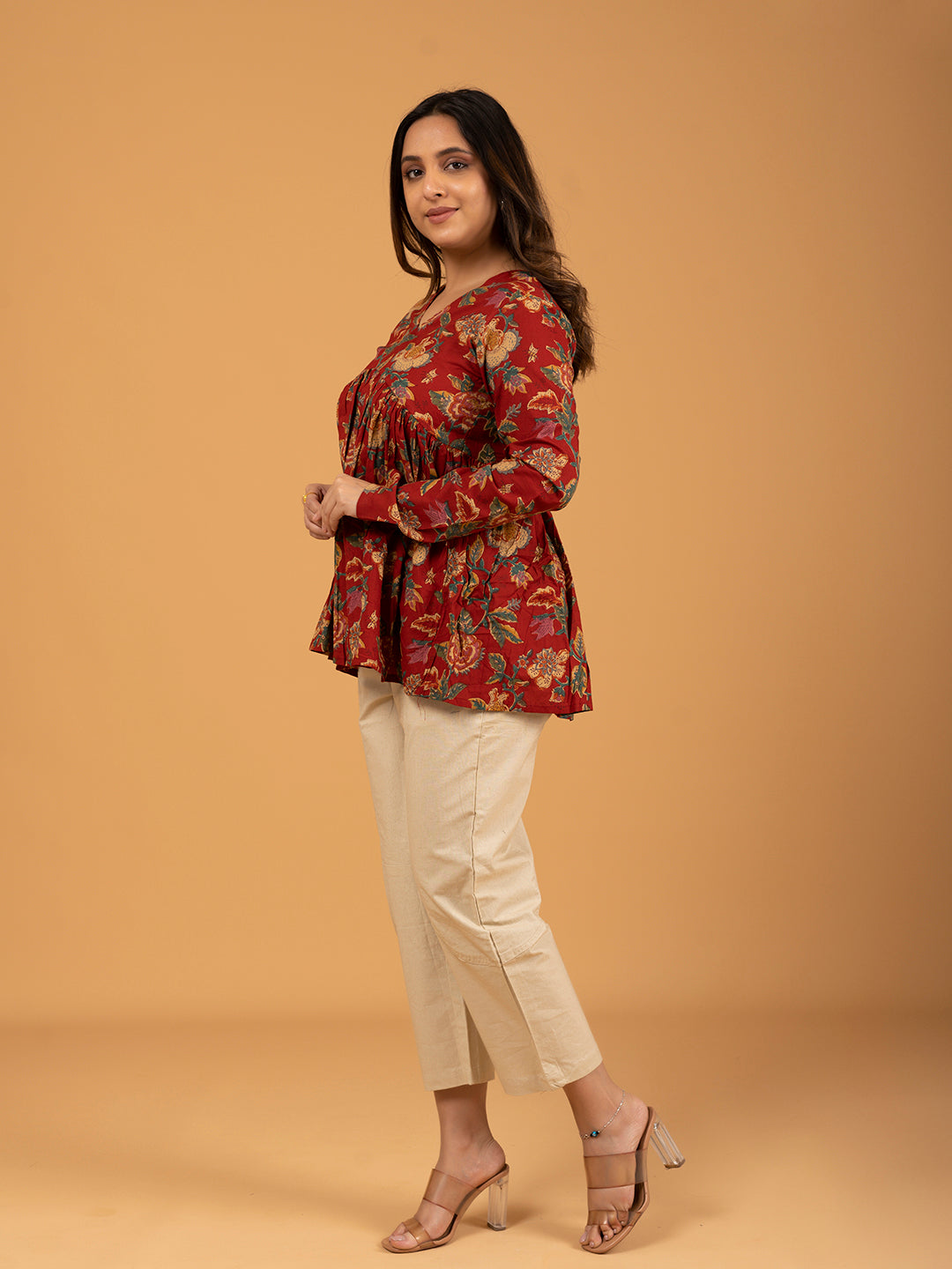 Red Printed Full Sleeves Alia Cut Cotton Top