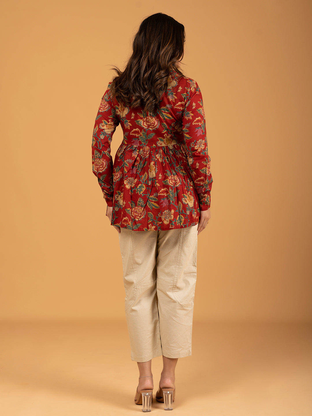 Red Printed Full Sleeves Alia Cut Cotton Top