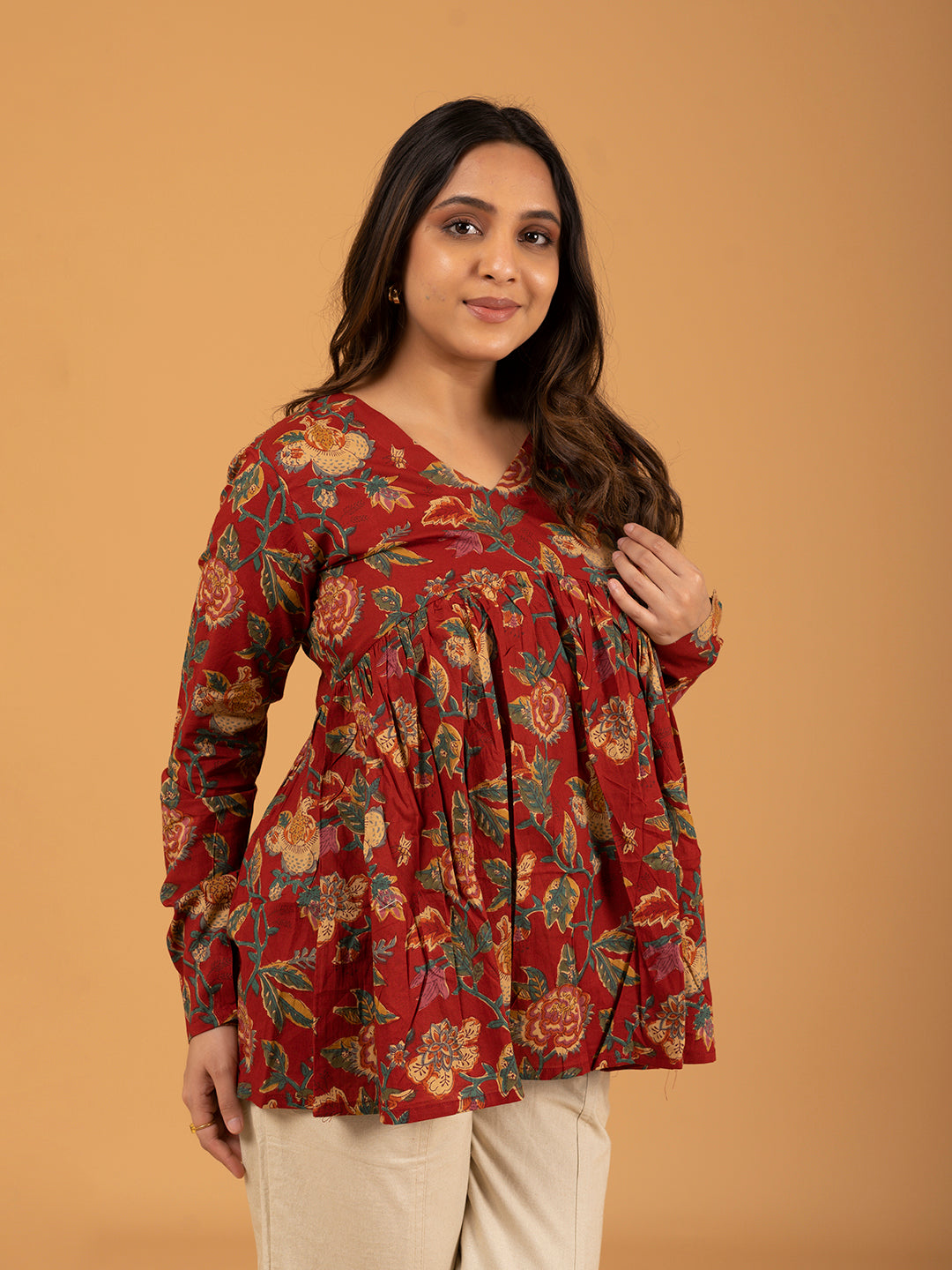 Red Printed Full Sleeves Alia Cut Cotton Top