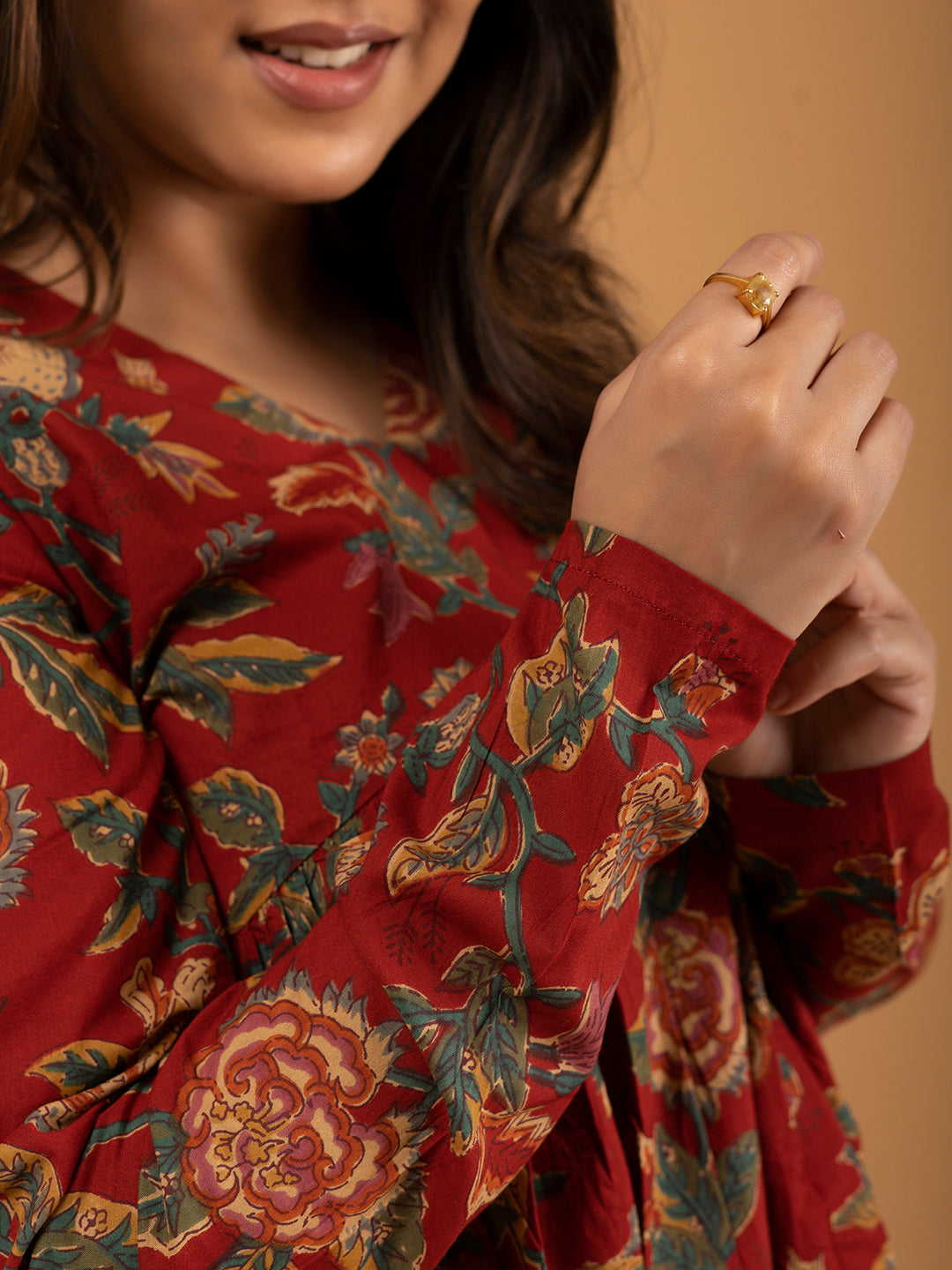 Red Printed Full Sleeves Alia Cut Cotton Top