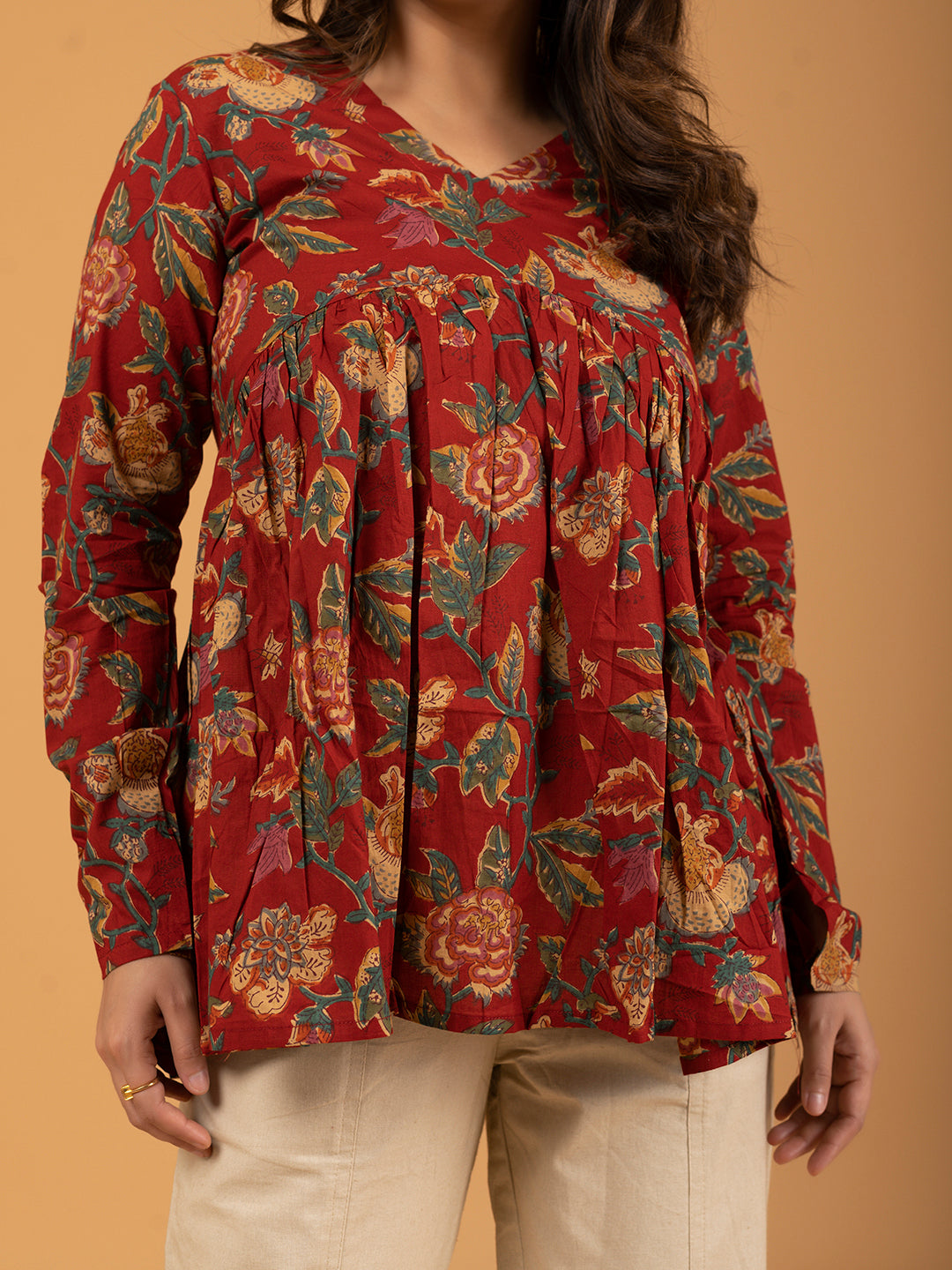Red Printed Full Sleeves Alia Cut Cotton Top