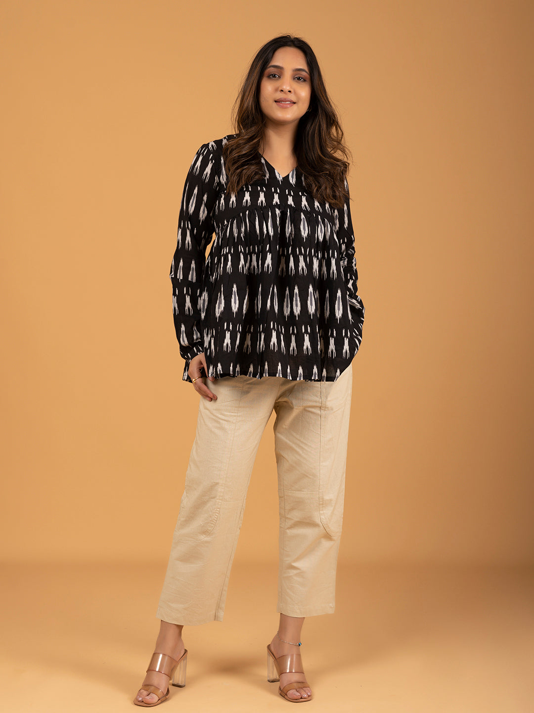 Black Printed Full Sleeves Alia Cut Cotton Top