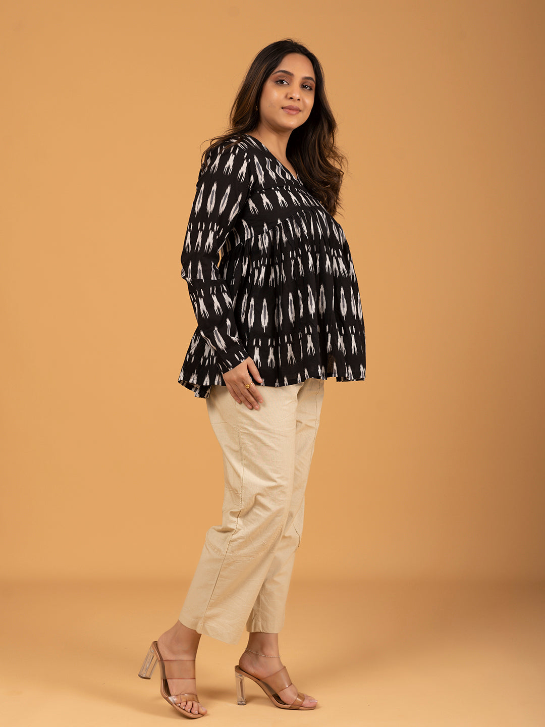 Black Printed Full Sleeves Alia Cut Cotton Top