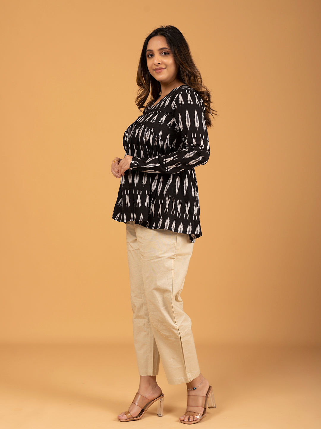 Black Printed Full Sleeves Alia Cut Cotton Top