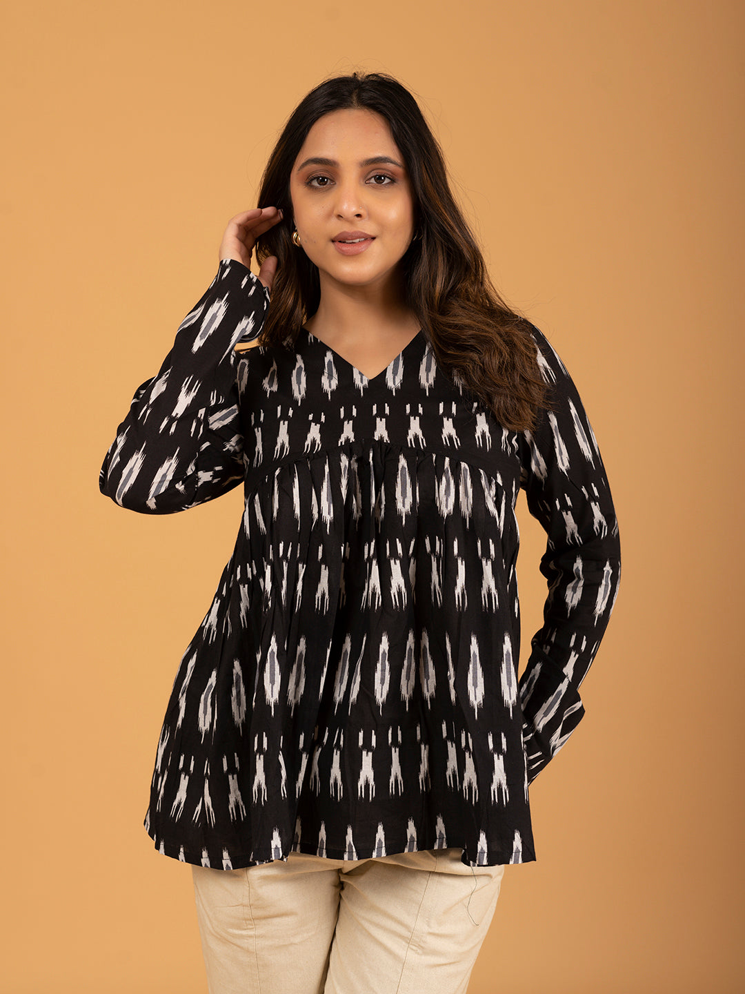 Black Printed Full Sleeves Alia Cut Cotton Top