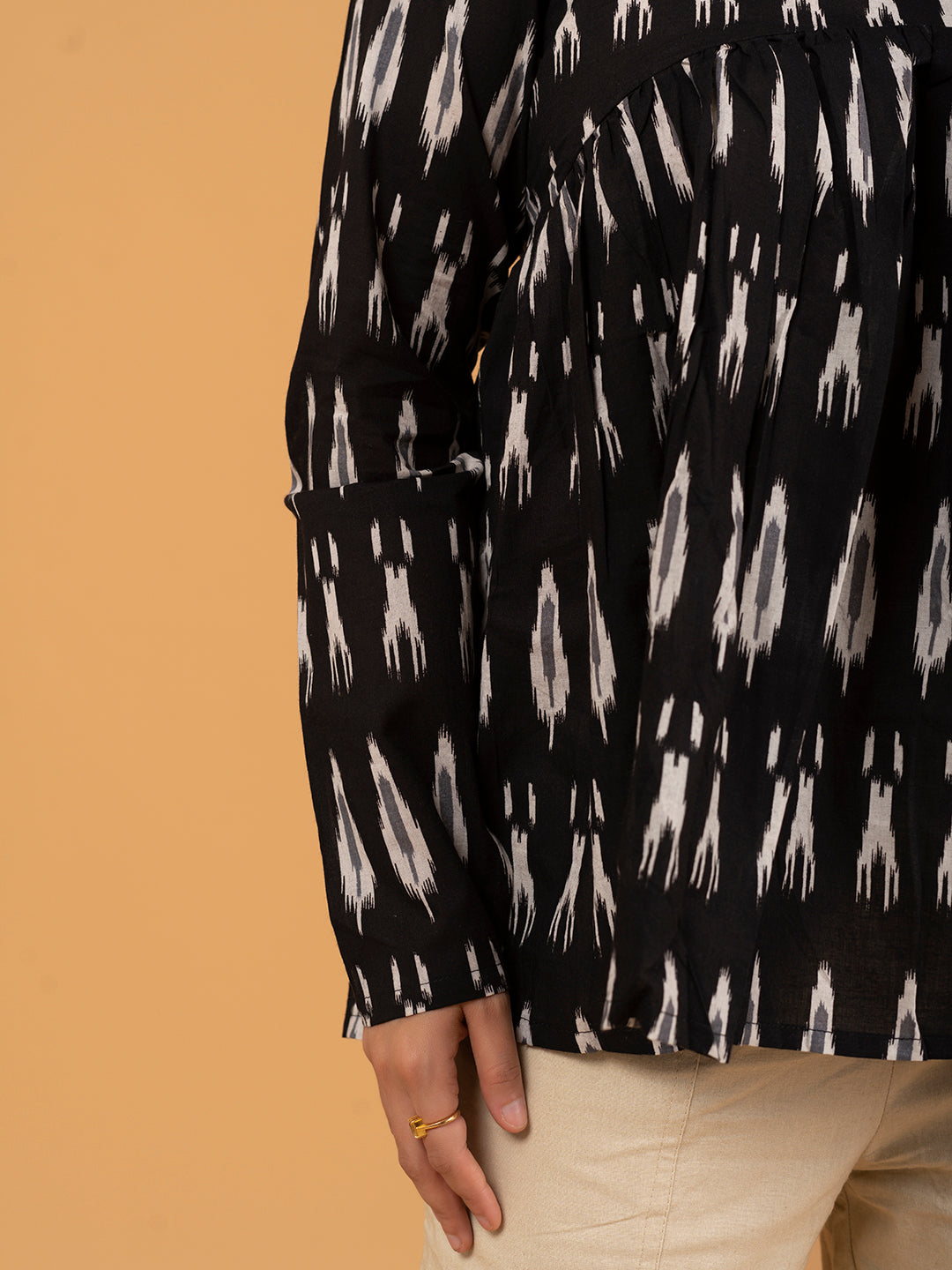 Black Printed Full Sleeves Alia Cut Cotton Top