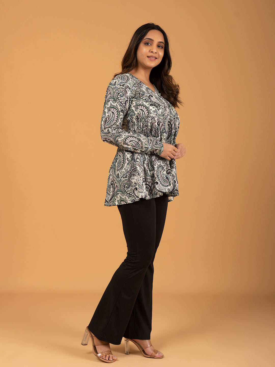 White Printed Full Sleeves Alia Cut Cotton Top