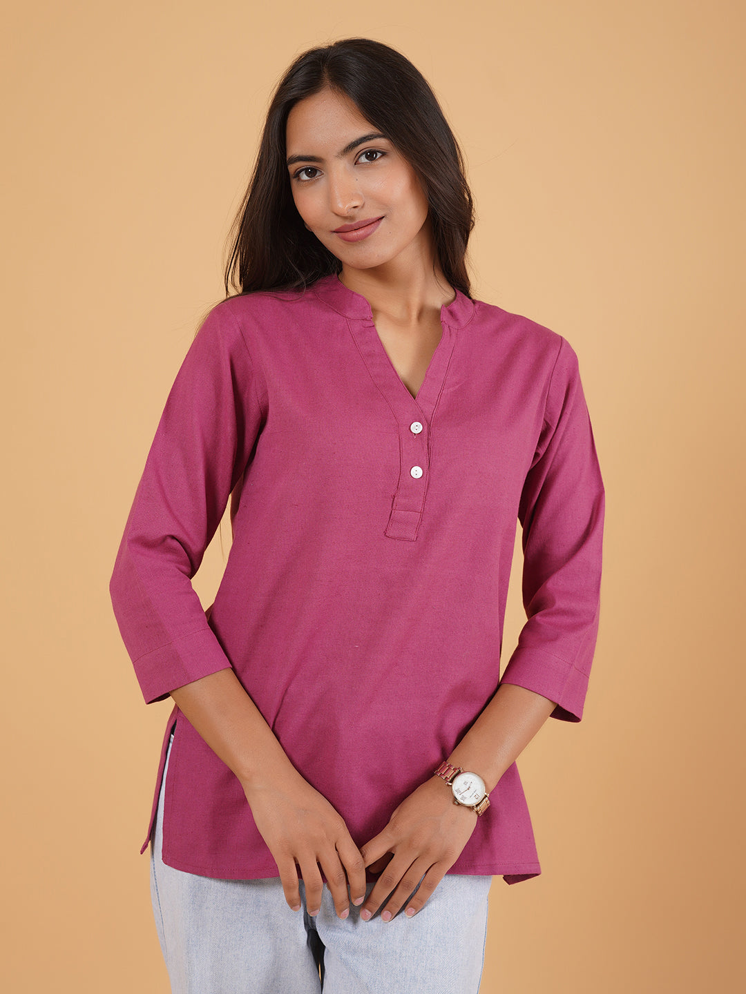 Pink Straight Plain Cotton Top