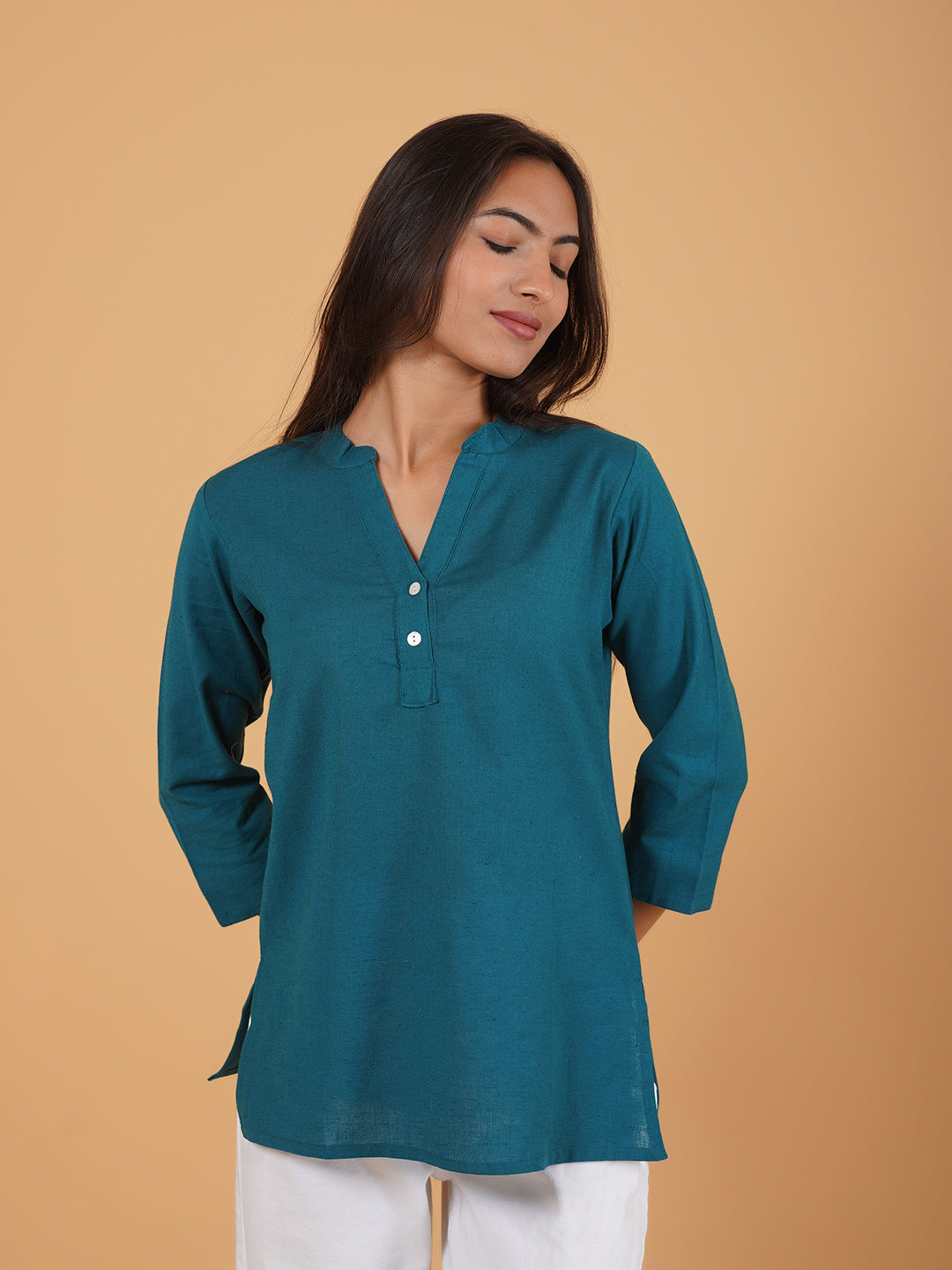 Teal Green Straight Plain Cotton Top