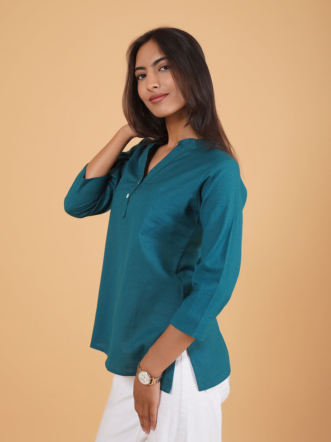 Teal Green Straight Plain Cotton Top