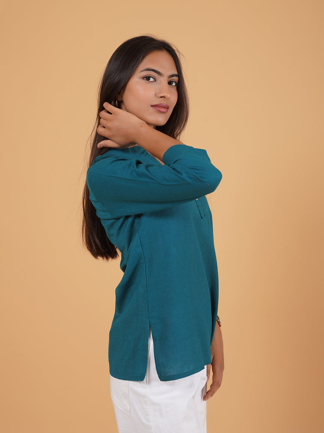 Teal Green Straight Plain Cotton Top