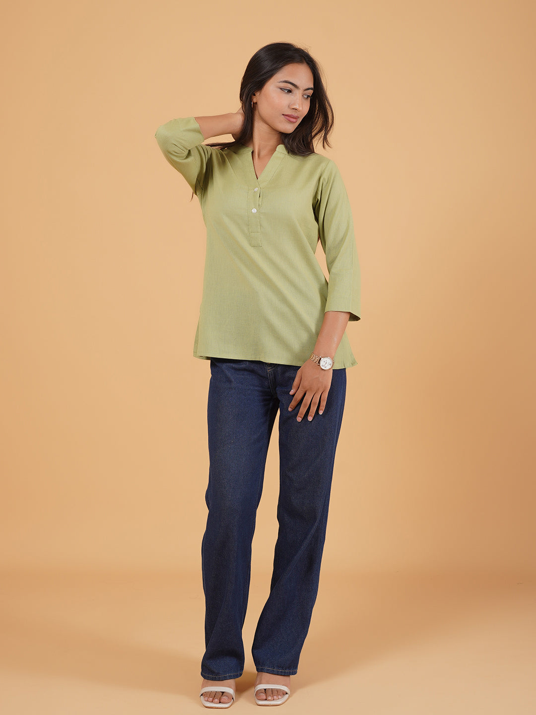 Pista Green Straight Plain Cotton Top