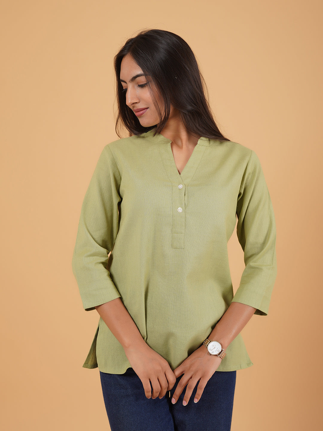 Pista Green Straight Plain Cotton Top