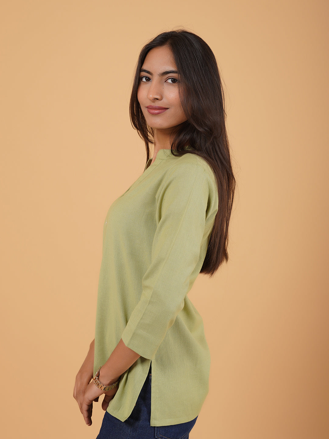 Pista Green Straight Plain Cotton Top
