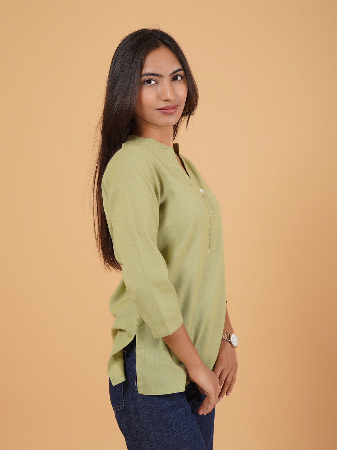 Pista Green Straight Plain Cotton Top