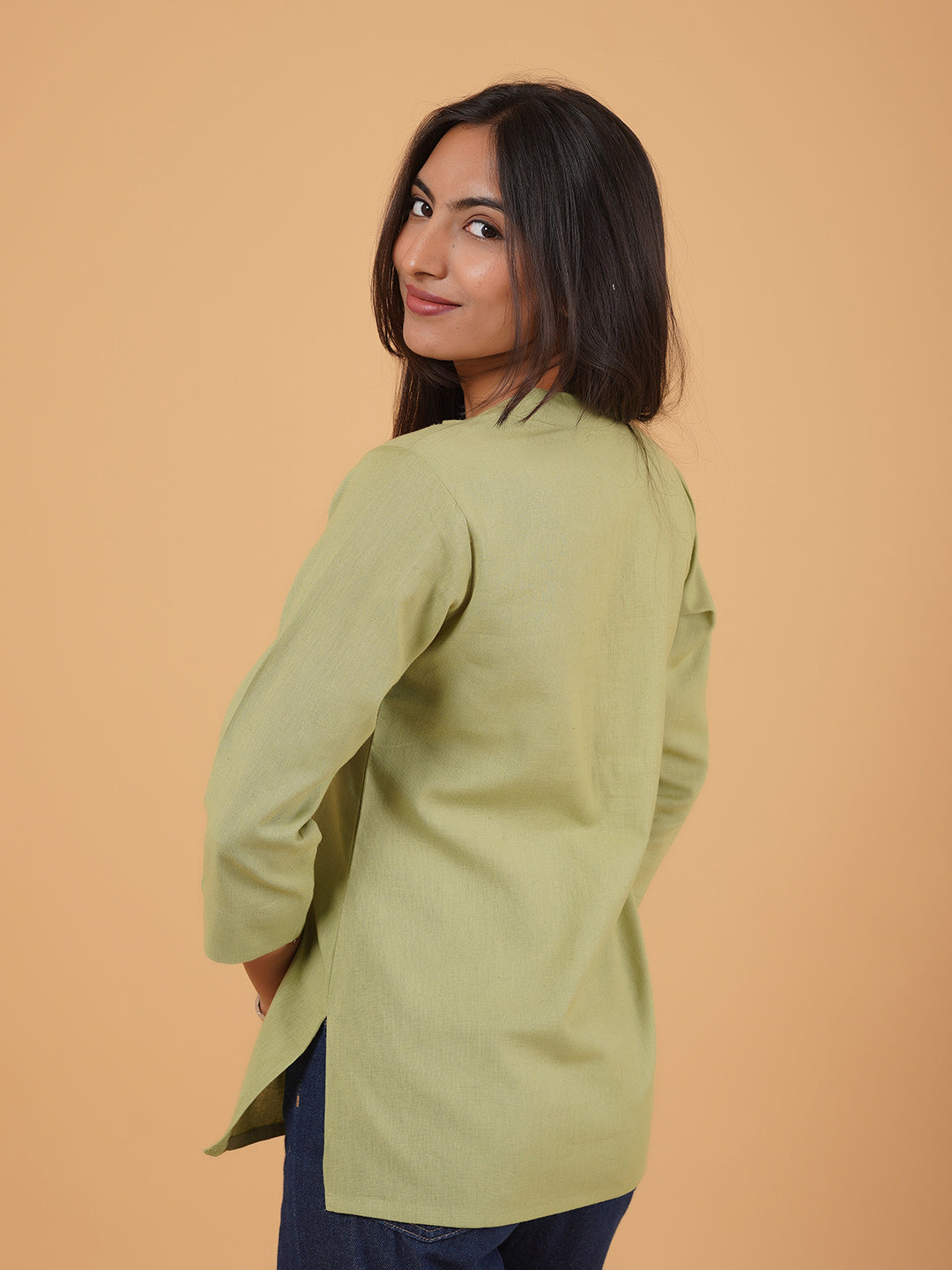 Pista Green Straight Plain Cotton Top