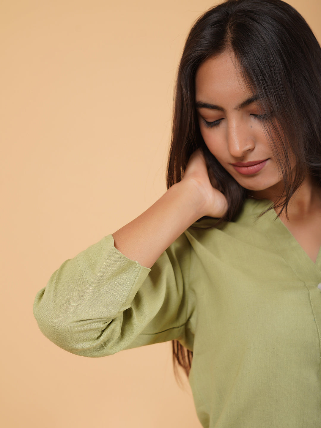 Pista Green Straight Plain Cotton Top