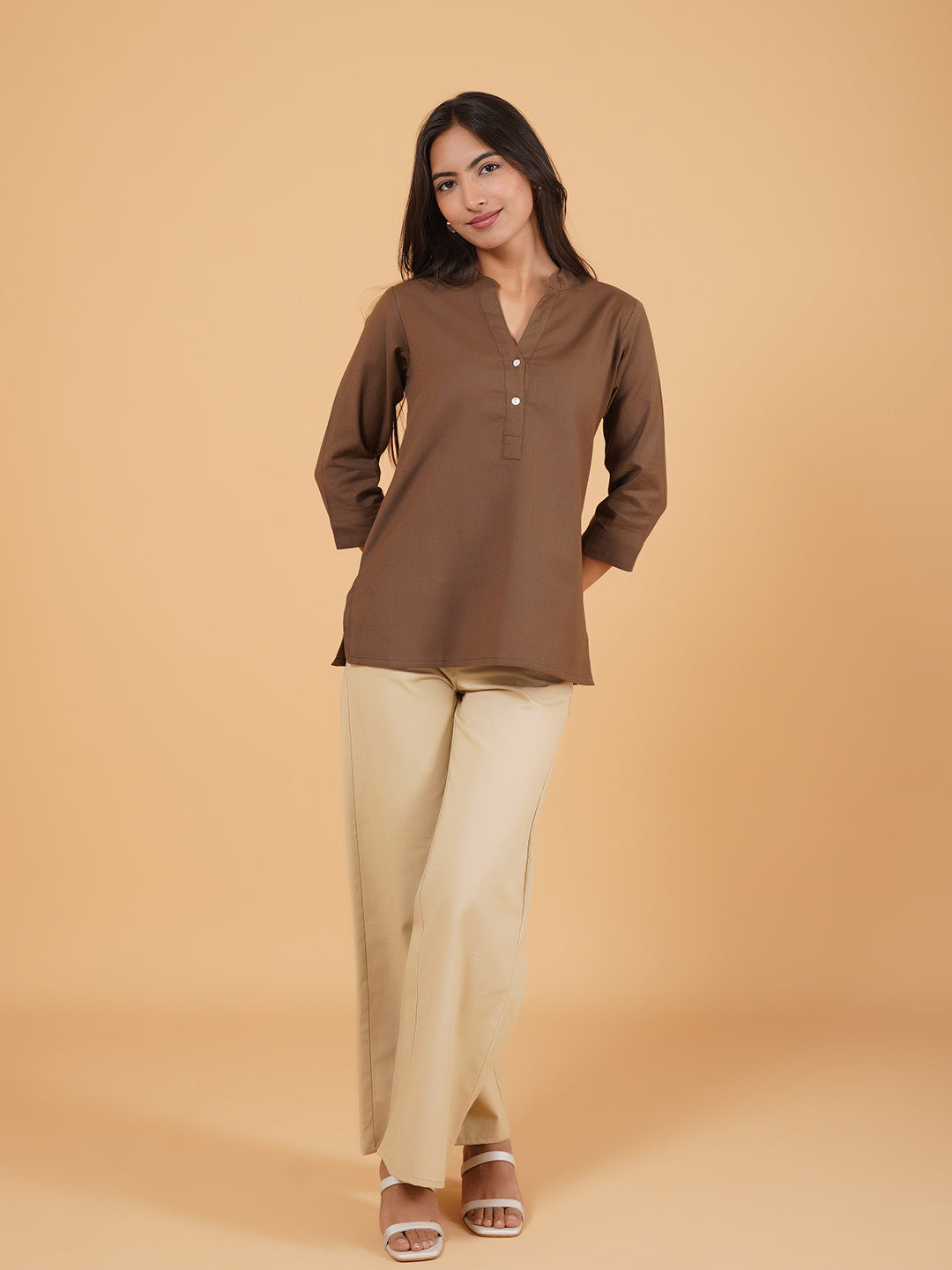 Brown Straight Plain Cotton Top