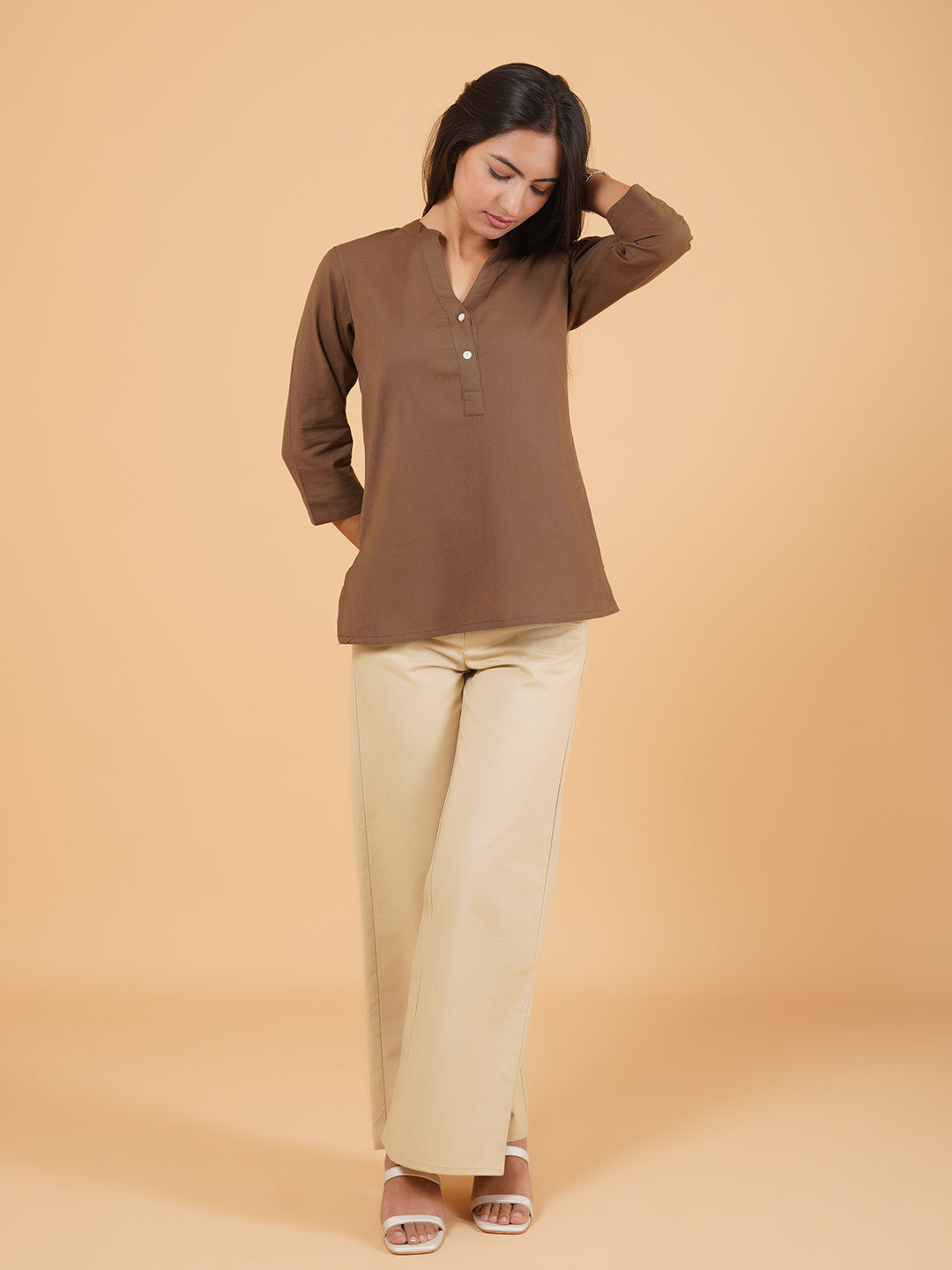 Brown Straight Plain Cotton Top