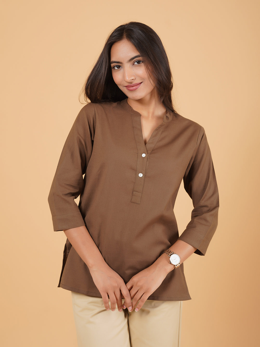 Brown Straight Plain Cotton Top