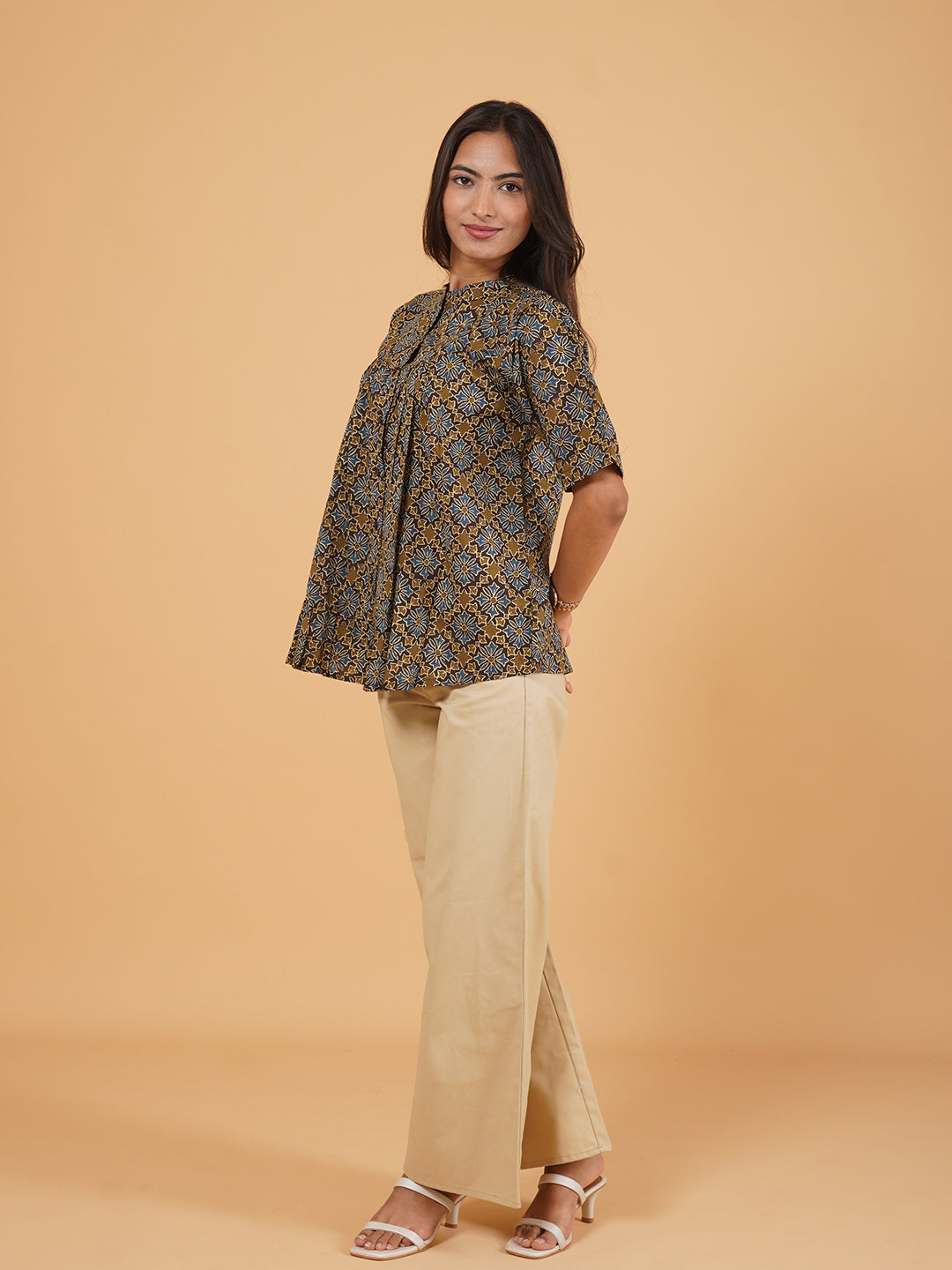 Brown Printed Flared Cotton Top