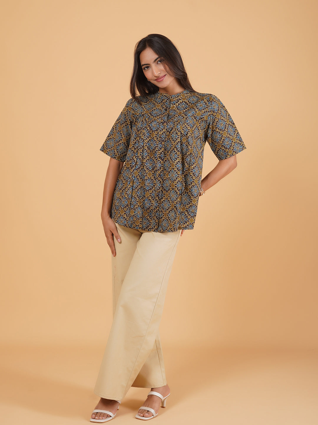 Brown Printed Flared Cotton Top