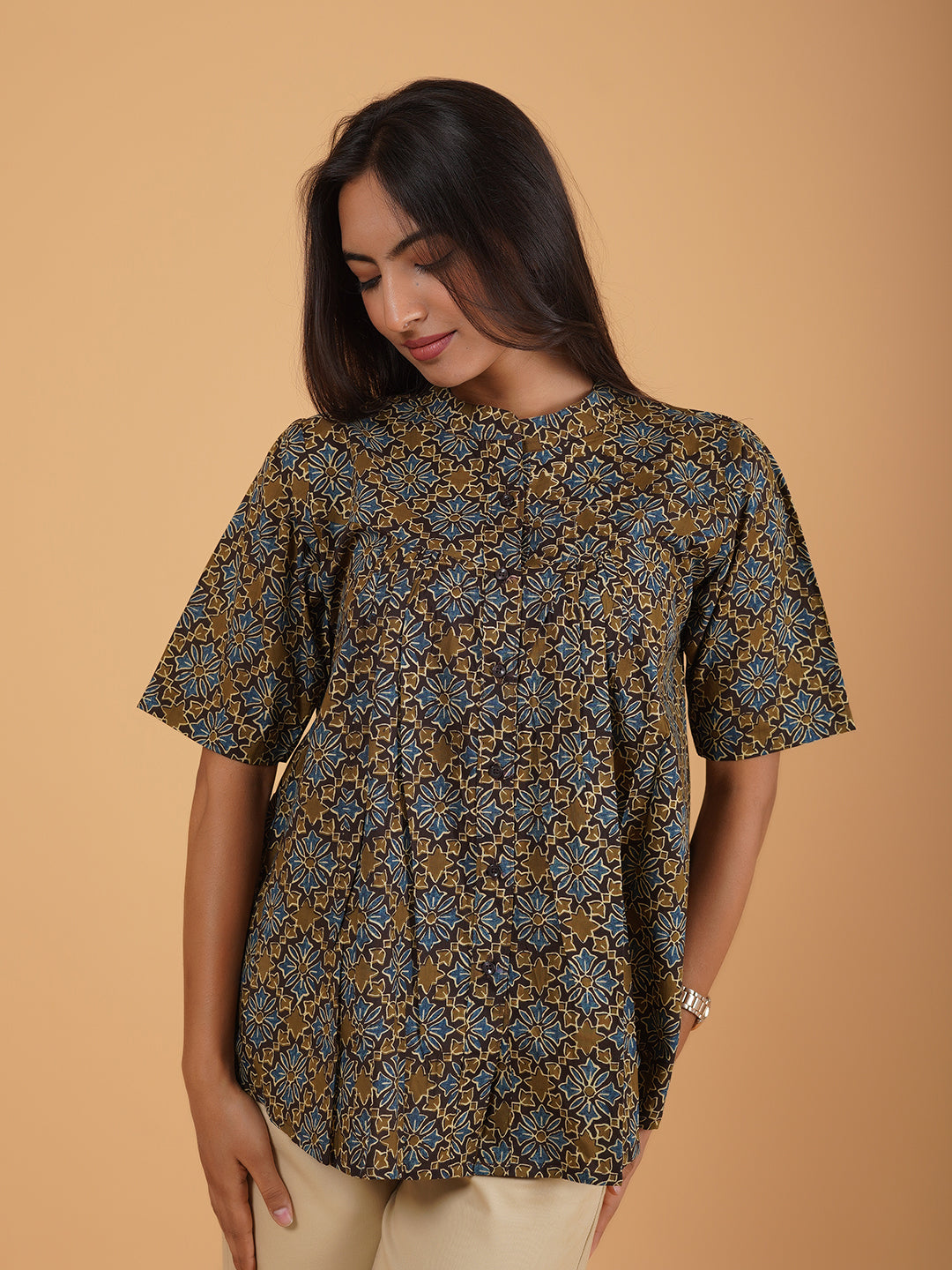 Brown Printed Flared Cotton Top