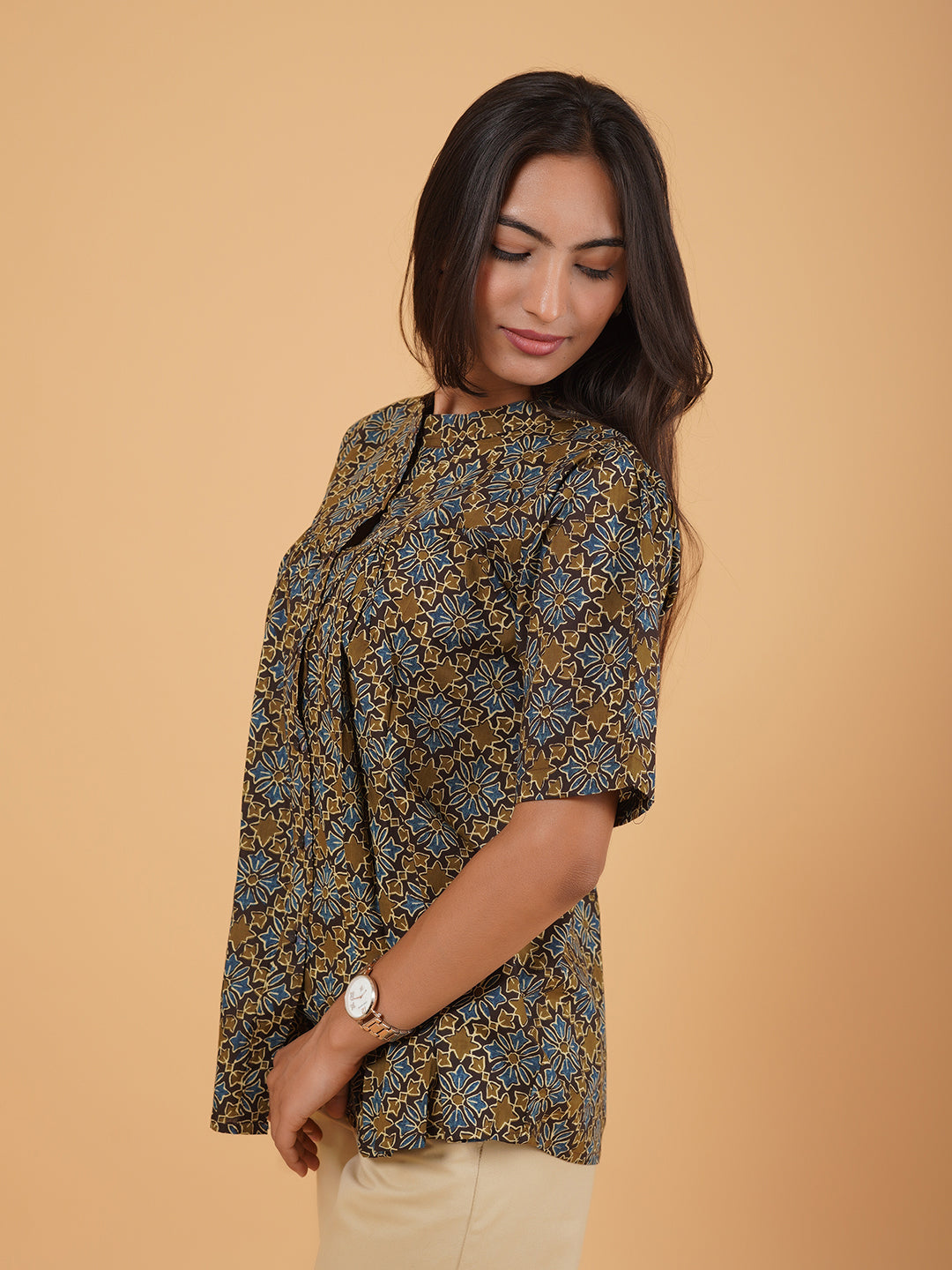 Brown Printed Flared Cotton Top