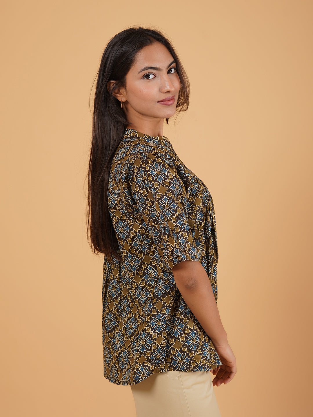 Brown Printed Flared Cotton Top